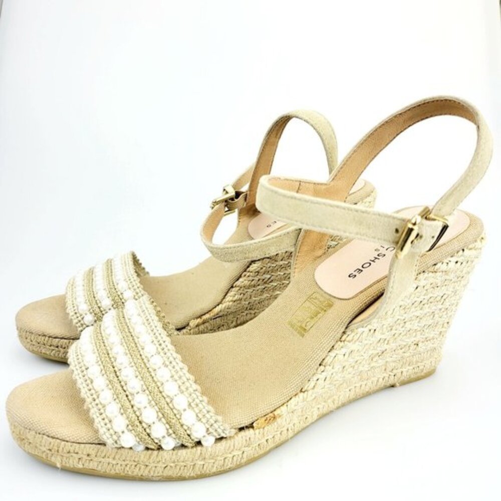 Boho Espadrille Wedge Sandals Womens 8 39 Tan Pearl Beaded Coastal Summer